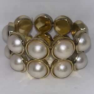 Vintage Faux Pearl Double Row Stretch Bracelet Gold Tone Chunky Fashion Jewelry